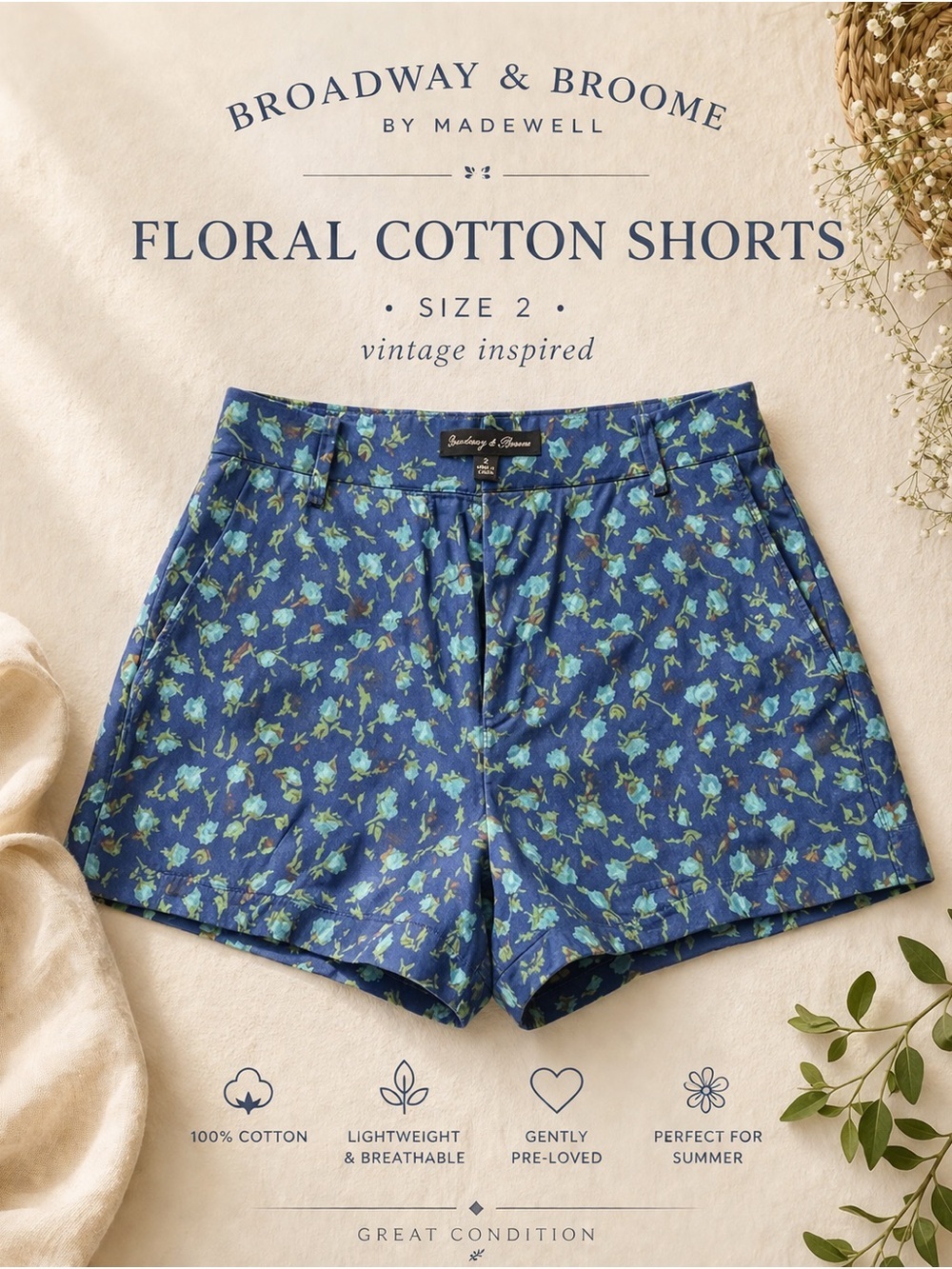 Madewell Blue Floral High-Waist Cotton Shorts